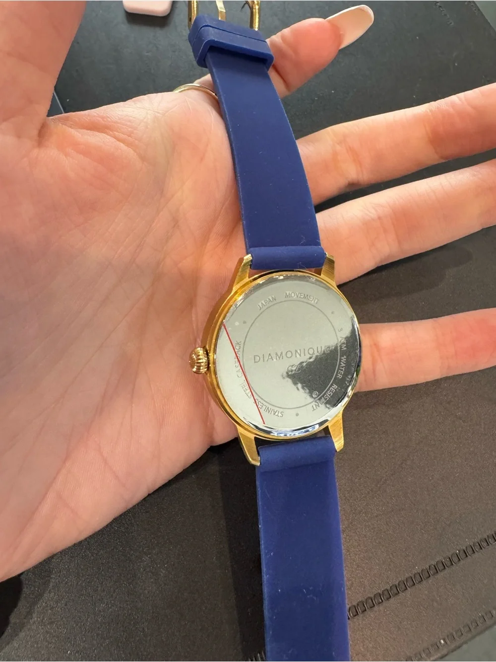 New DMQ Women’s Gold tone & blue Watch w Crystal Markers and rubber Strap